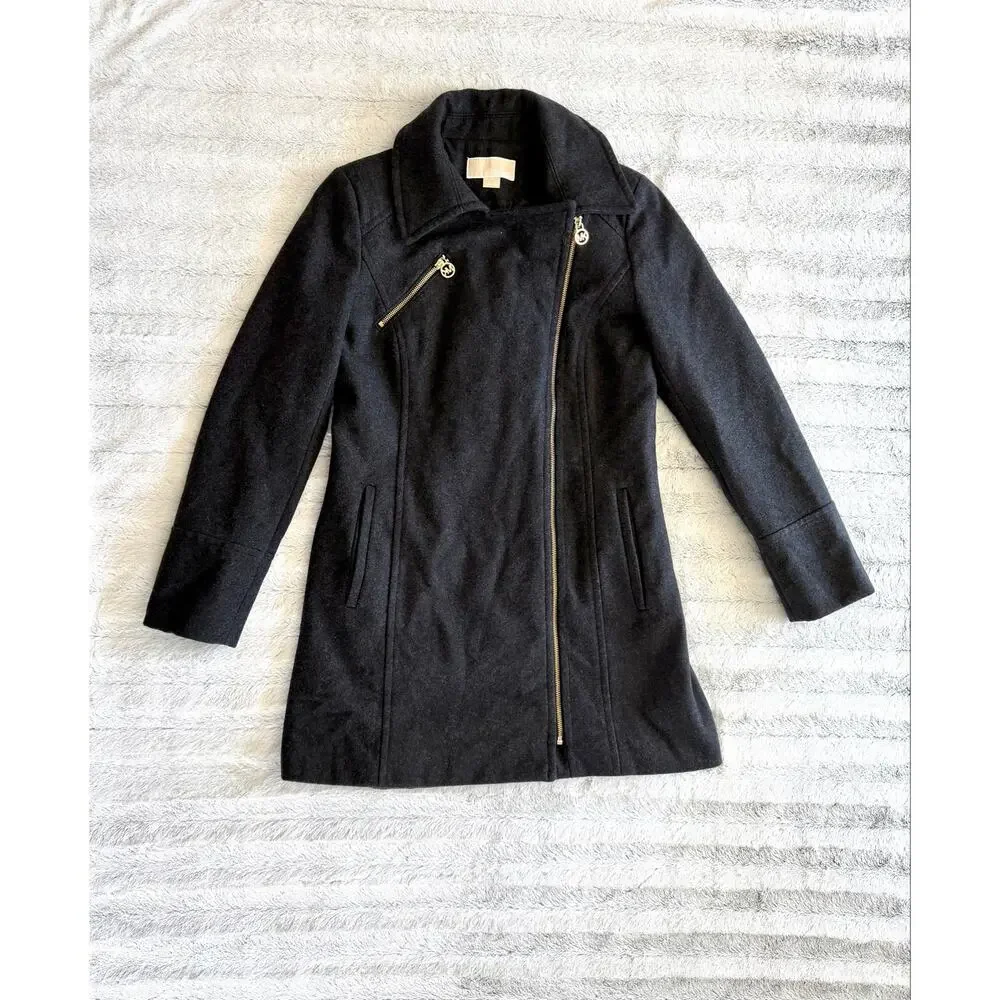 Michael Kors Wool Blend Asymmetrical Coat Size 6 Charcoal Gray Gold Zip